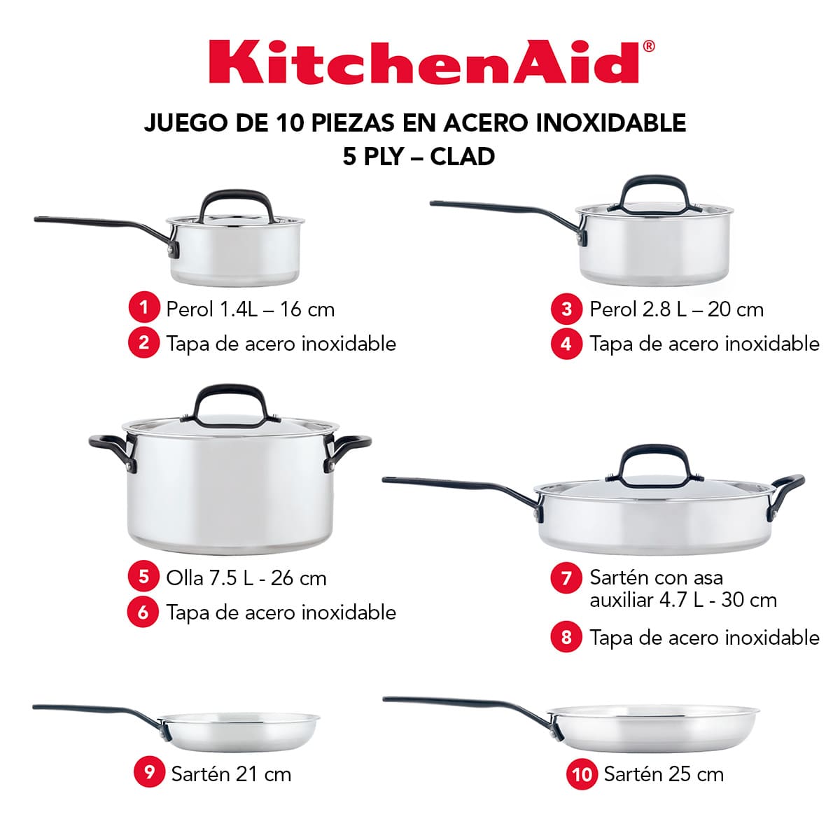 Juego de ollas KitchenAid 10 piezas - 5 ply, acero inoxidable - Imagen 8