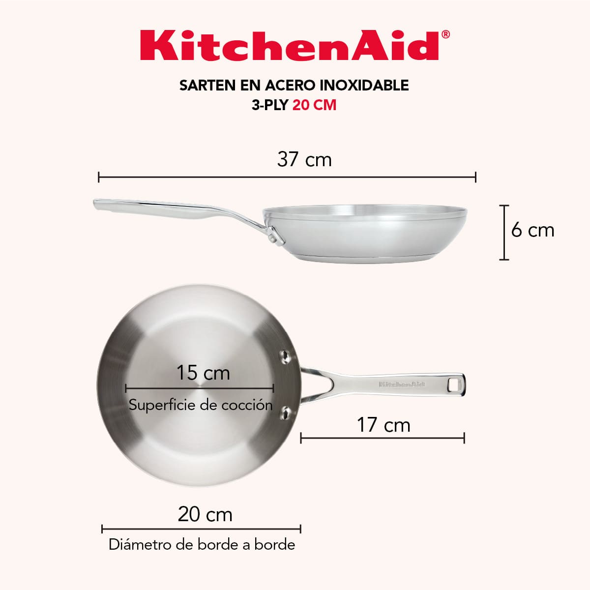 Set de sartenes KitchenAid 20 y 24 cm - acero inoxidable de 3 capas, inducción - Imagen 6