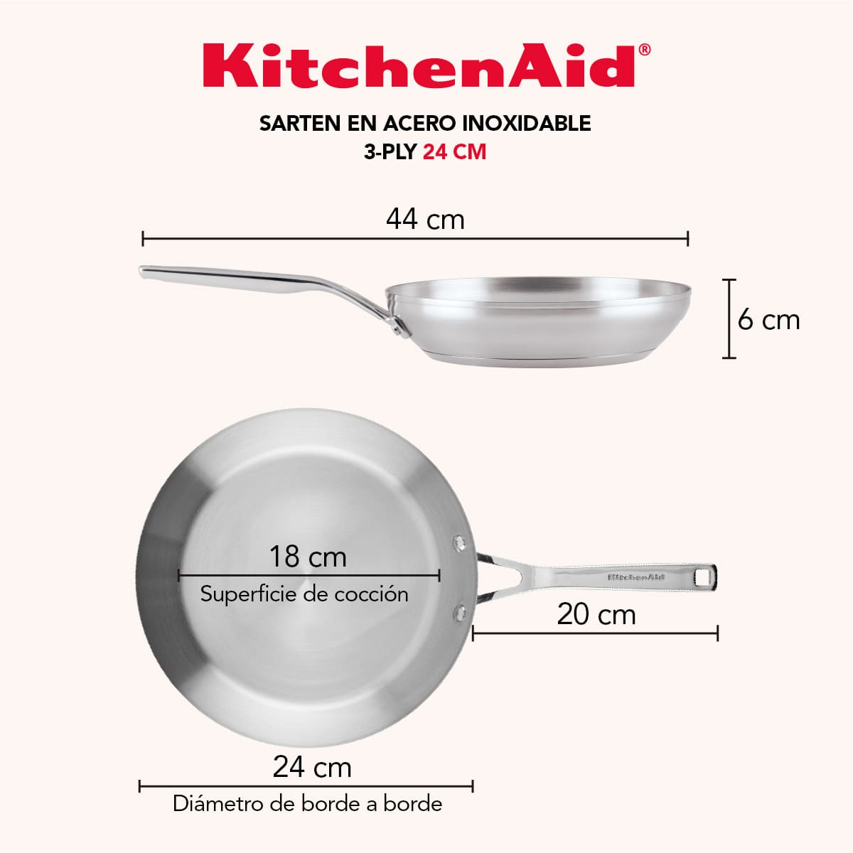 Set de sartenes KitchenAid 20 y 24 cm - acero inoxidable de 3 capas, inducción - Imagen 7