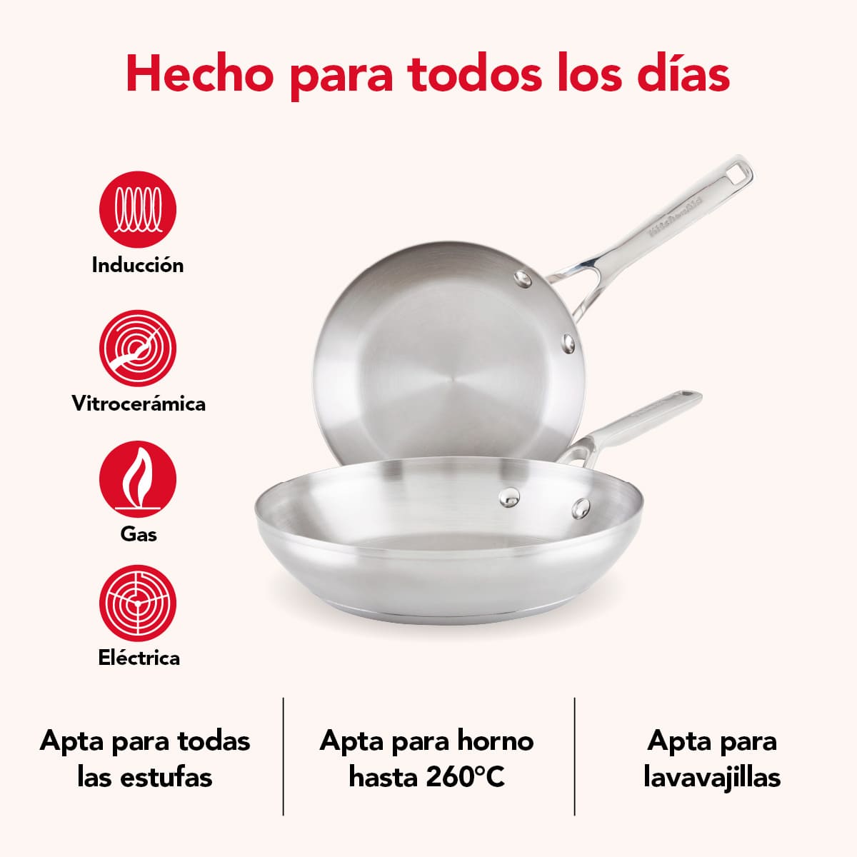 Set de sartenes KitchenAid 20 y 24 cm - acero inoxidable de 3 capas, inducción - Imagen 8