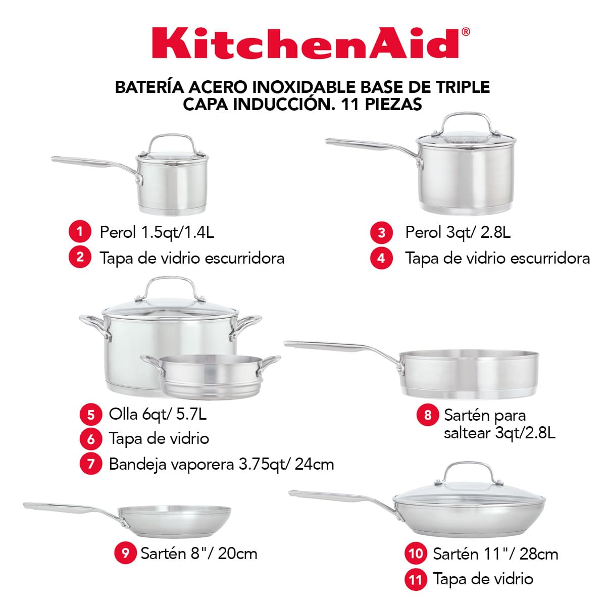 Juego de ollas KitchenAid 11 piezas 3 Ply - placa de inducción y acero inoxidable - Imagen 4