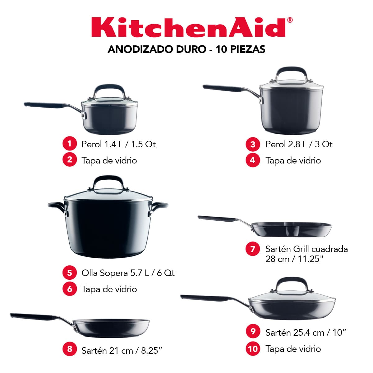 Juego de ollas KitchenAid 10 piezas - anodizado duro, antiadherente negro - Imagen 2